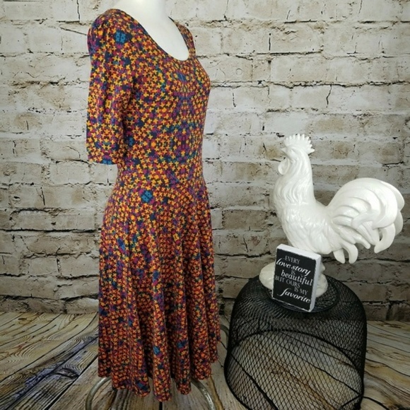 Lularoe Nicole Dress Midi Fit Flare Boho Tribal Geometric Elbow Sleeve Neutral S - Picture 2 of 8